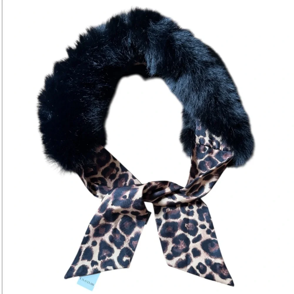 WHBM Black Faux Fur Scarf with Leopard Print NEW